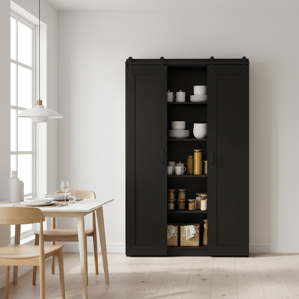Farmhouse Barn Door Pantry Cabinet in the Dining Room, Organized Living in Your Space: Reading Storage Specs