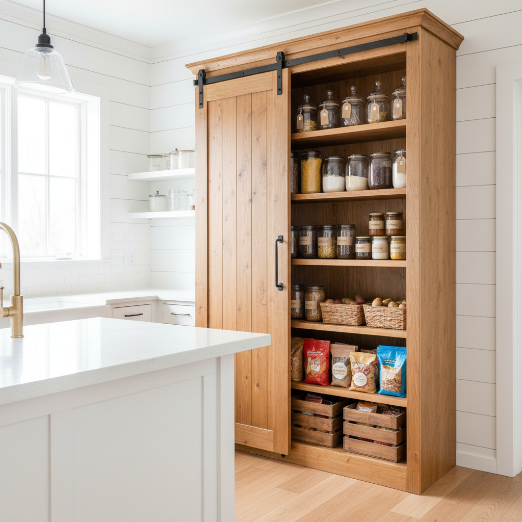 Farmhouse Pantry Storage Cabinet Barn Door Kitchen Fixes That Worsen Clutter: How Far to Push Adjustable Shelving in Small Pantry Spaces
