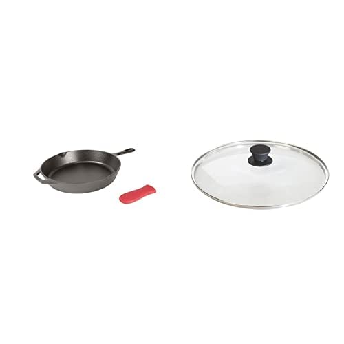 Pre-Seasoned Cast Iron Skillet with Assist Handle Holder, 12", Red Silicone & Tempered Glass Lid (12 Inch) – Fits 12 Inch Cast Iron Skillets and 7 Quart Dutch Ovens