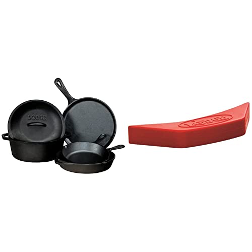 Seasoned Cast Iron 5 Piece Bundle. 10.5" Griddle, 8" Skillet, 10.25" Skillet, 10.25" Dutch Oven, and 10.25" Lid & ASAHH41 Silicone Assist Handle Holder, Red