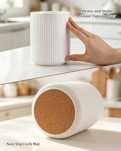 6.5" Utensil Holder, Ceramic Kitchen Utensil Holder for Countertop with Protection Cork Bottom, Stable Cooking Utensil Crock, Vintage Farmhouse kitchen Decor, White - view 3