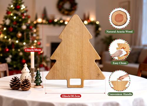 Acacia Wood Christmas Tree Cutting Board 15x12 Inch Charcuterie Board with Handle, Xmas Cheese Appetizer Tray, Wooden Decorative Serving Platter for Holiday Kitchen Party - view 4
