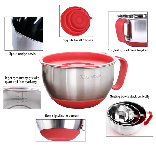 Mixing Bowl Set with Lids, Silicone Handles and Non-Slip Base, 3 Pieces