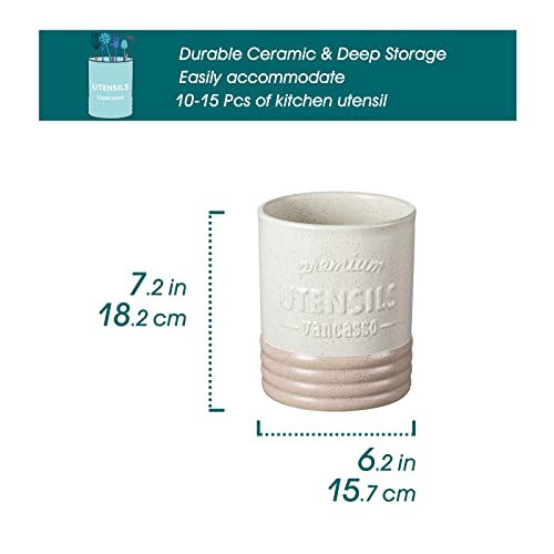 Ceramic Utensil Holder with Matte Cream Finish, 7.2-Inch Countertop Crock