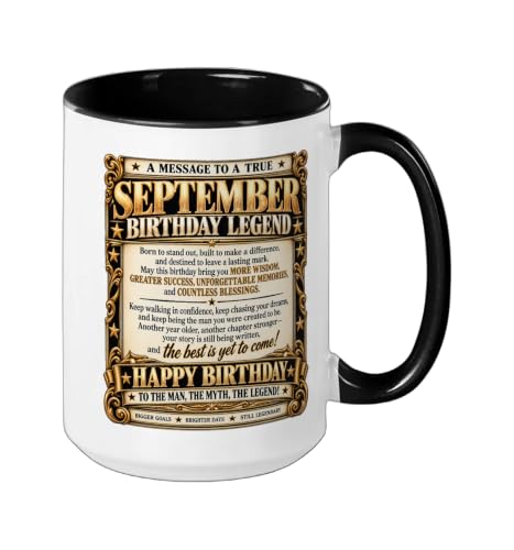 Ceramic Mug 15 oz Black and White with September Birthday Newspaper Design