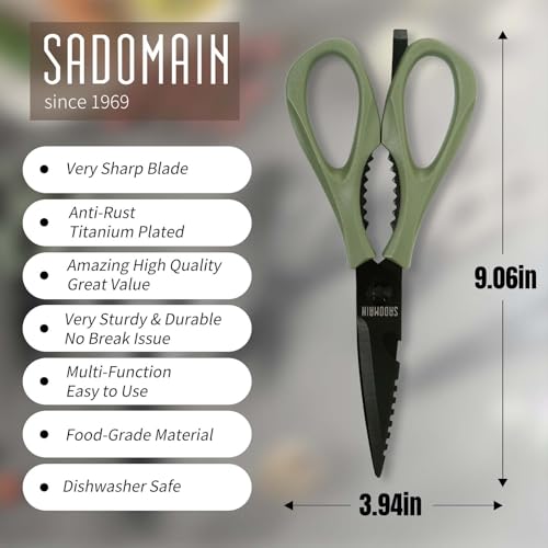 Kitchen Scissors All Purpose, Extra Sharp Kitchen Shears with Knife Sharpener & Sheath, Solid & Durable Stainless Steel Scissors with ANTI-RUST Black Titanium Plated, Dishwasher Safe – Green - view 4