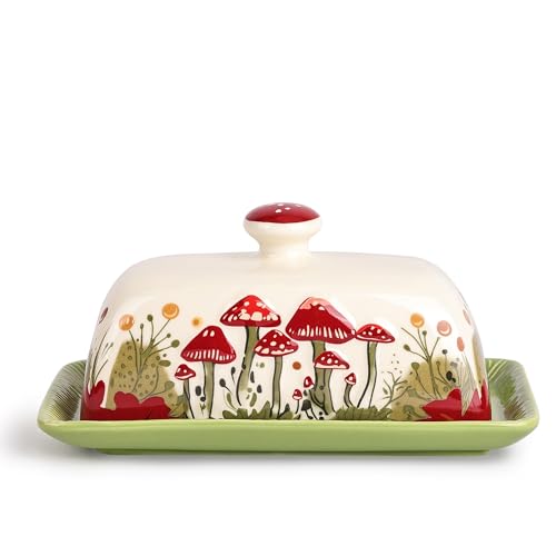 Ceramic Butter Dish with Lids - Mushroom Butter Containers, White