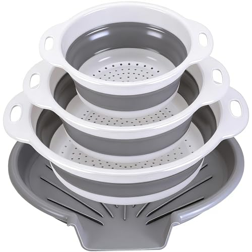 Collapsible Colander Set with Oversized Draining Tray | 3-Pack Foldable Kitchen Strainers + Base | Space Saving for Pasta, Veggies, Fruit & Rice | 5 Colors (Gray-White)