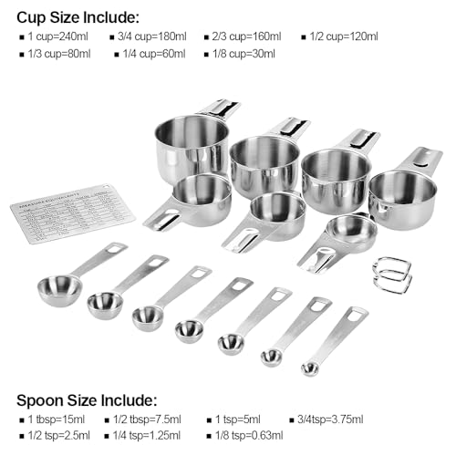 Measuring Cup and Spoon Set, 17 Piece Stainless Steel with Conversion Chart