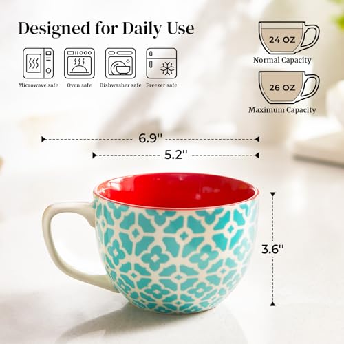 Porcelain Soup Mugs Set of 4, 24 oz Boho Mosaic Jumbo Mugs