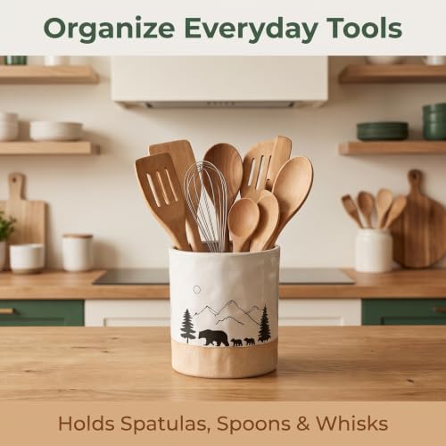 Ceramic Utensil Holder with Mountain and Bear Design, Glazed Countertop Crock