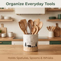 Ceramic Utensil Holder with Mountain and Bear Design, Glazed Countertop Crock