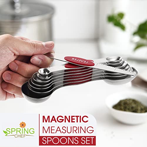 Measuring Spoons Set of 8 with Leveler, Dual-Sided Stainless Steel, Red
