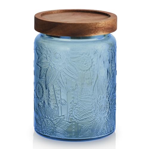 Glass Mason Jars with Airtight lids Decorative Vintage Food Storage Container with Embossed Crabapple Blossom Clear Green Kitchen Canister for Coffee Tea Cookie (Blue Floral, Small)