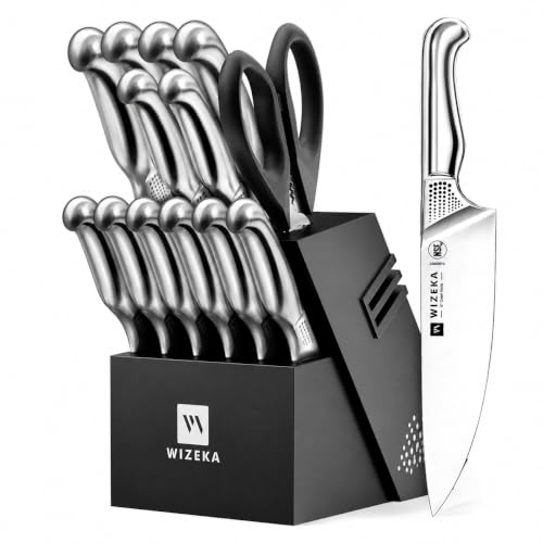 Knife Set, 15 Piece Kitchen Knife Set with Block and Sharpener