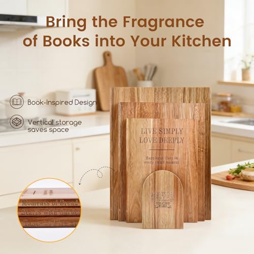 Book-Style Acacia Wood Chopping Board Set of 3 with Stand and Reversible Design