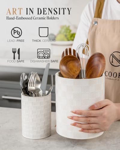 Utensil Holder Set of 2, White Ceramic Checkered Countertop Crocks
