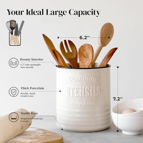 Utensil Holder, White Ceramic with Cork Base, Fits 15-20 Tools