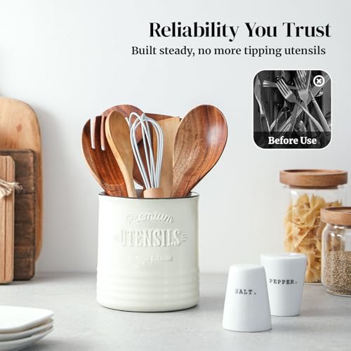 7.2" Large Ceramic Utensil Holder for Kitchen Counter, Beige - view 6