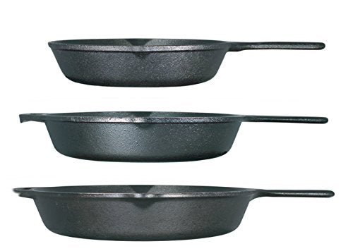 Cast Iron Skillet Set, 3 Pieces with 10.25 and 12 Inch Sizes, Black