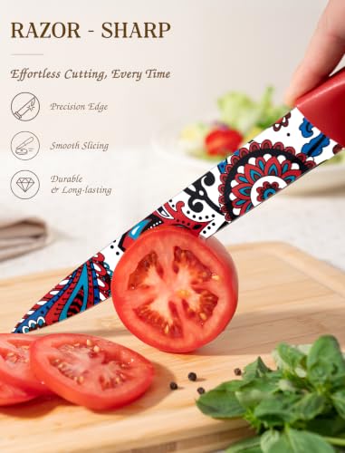 Knife Set, 12-Piece Paisley Kitchen Knives with 6 Sheaths