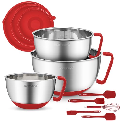 Stainless Steel Mixing Bowls: Metal Mixing Bowl Set with Lids and Handles Non-slip Silicone Bottom Nesting Bowls for Kitchen Set of 3 - Red
