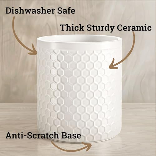 Utensil Holder, White Ceramic Crock with Honeycomb Pattern and Silicone Base