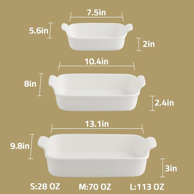 Sweejar Baking Pans Set, Ceramic 9x13 Baking Dish with Handle, Rectangular Casserole Dishes for Oven, Bakeware Sets of 3, Durable Lasagna Pan Deep for Kitchen, Banquet, Wedding Gift(Green)