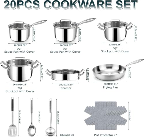 Stainless Steel Cookware Set, 20 Piece with Lids, Induction Compatible