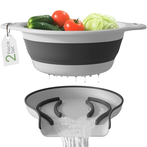 Collapsible Colander Strainer, Includes Over-sink Countertop Draining Base (5QT) Large Kitchen Drainer for Vegetables Fruit and Pasta, Round Foldable Draining Basket, Easy Storage (White)