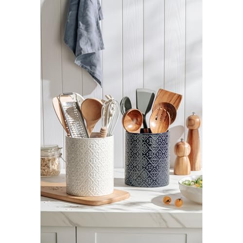 Kitchen Utensil Holder, 6x7 inch Large Ceramic Utensil Holder with Embossed Pattern, Cooking Utensil Crocks for Kitchen Countertop, Home Decor, Blue - view 3