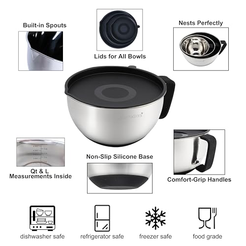 Mixing Bowl Set with Lids, Nesting Stainless Steel Bowls, 1.5, 3, 5 Quart