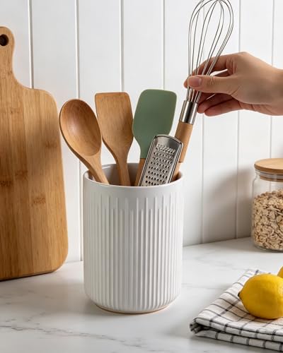 6.5" Utensil Holder, Ceramic Kitchen Utensil Holder for Countertop with Protection Cork Bottom, Stable Cooking Utensil Crock, Vintage Farmhouse kitchen Decor, White - view 7