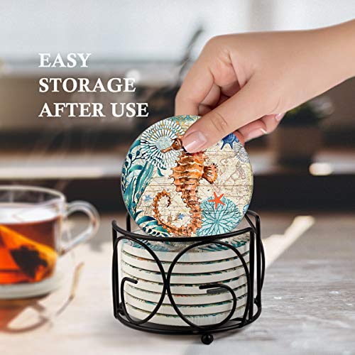 Absorbing Stone Sea Ocean Life Coasters for Drinks, Cork Base with Holder,Coastal Decor Beach Theme Tropical,for Housewarming Apartment Kitchen Bar Decor, For Wooden Table Coffee table,Set of 8 - view 4