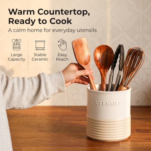 Ceramic Utensil Holder, Brown Farmhouse-Style Countertop Crock, 6 Inch
