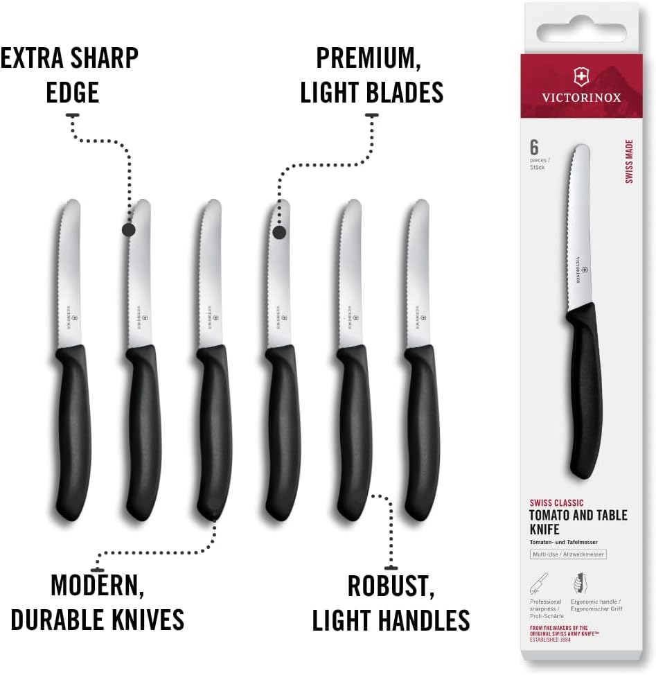 Swiss Classic Tomato and Table Knife Set Serrated Blade, Black – features