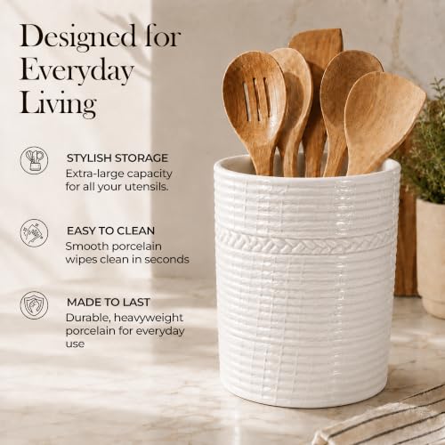 Handcrafted Cooking Utensil Holder, Extra-Large Crock, White - view 4