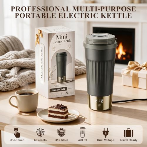 Dual Voltage Travel Electric Kettle, Portable Water Boiler with 6 Temp LCD Display, 316 Stainless Steel Double-Wall Insulated Small Tea Maker, 100-240V, 400ml/13.53oz Gifts for Men Women, Gray - view 7