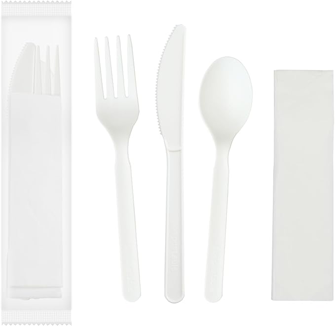 Compostable Cutlery Kits, 200 Sets with Fork, Spoon, Knife and Napkin