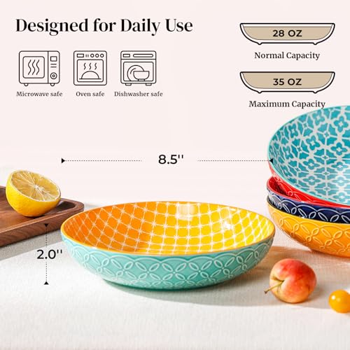 Ceramic Pasta Bowls Set of 4, 35 oz Embossed Serving Bowls, Microwave Safe