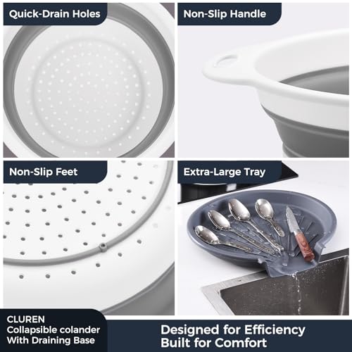 Collapsible Colander Set with Oversized Draining Tray | 3-Pack Foldable Kitchen Strainers + Base | Space Saving for Pasta, Veggies, Fruit & Rice | 5 Colors (Gray-White) - view 6