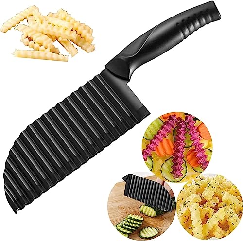 Crinkle Potato Cutter 2.9" x 11.8" Stainless Steel Waves French Fries Slicer Handheld Chipper Chopper, Vegetable Salad Chopping Knife Home Kitchen Wavy Blade Cutting Tool, Black (1 Pack)