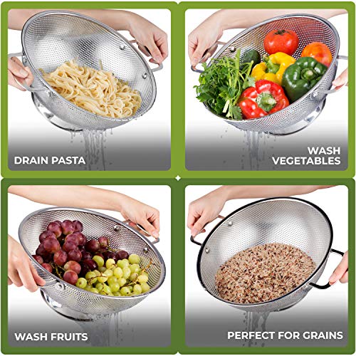 Colander 5 Quart Stainless Steel with Heavy Duty Handles and Ring Base