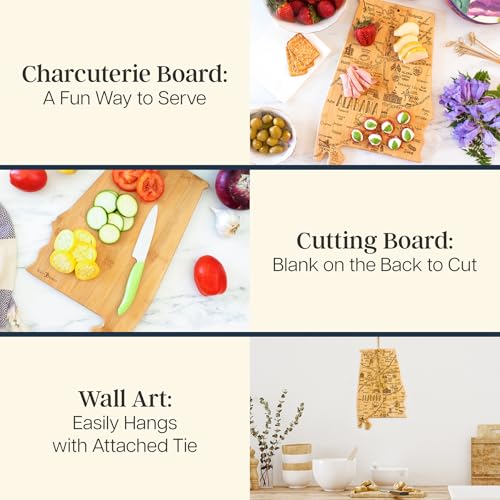 Bamboo Charcuterie Board in Alabama Shape with Engraved Map Art, Hang Tie