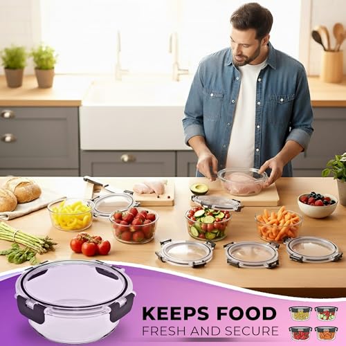Glass Food Storage Containers Bowls with Airtight Snap Locking Lids for Meal Prep Leftovers Baking Lunch Boxes Dish (Black, 22oz Round 4 Pack) - view 6