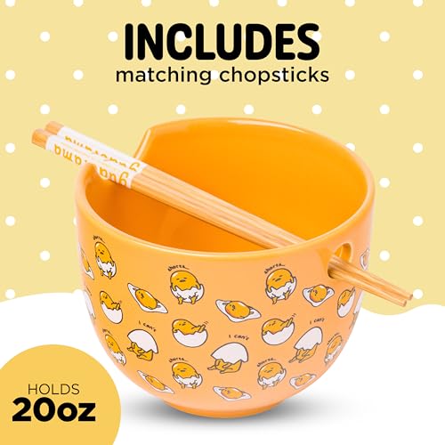 Gudetama Ceramic Ramen Bowl with Chopsticks, 20 oz Microwave Safe
