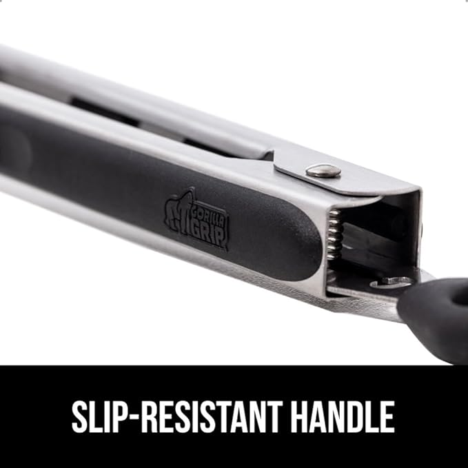 GORILLA GRIP Stainless Steel Heat Resistant Kitchen Tongs for Cooking, Set of 2 BBQ Tong, Non Scratch Silicone Tip for Pans, Strong Grip, Grab Food, Toss Salad, Air Fryer, Pull Lock, 7 + 9 Inch, Black