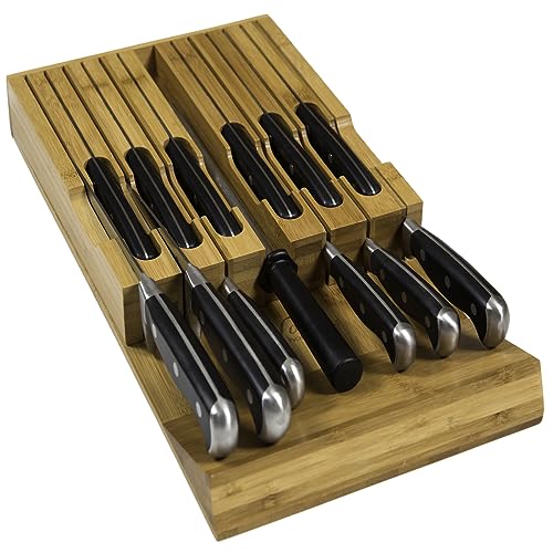 In-Drawer Bamboo Knife Block Holds 12 Knives (Not Included) Without Pointing Up PLUS a Slot for your Knife Sharpener! Knife Organizer Made from Quality Moso Bamboo