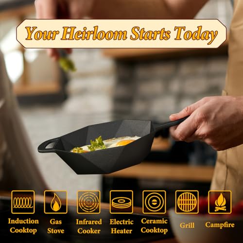 Cast Iron Skillet with Lid, 6.5 Inch Pre-Seasoned Octagonal Mini Pan