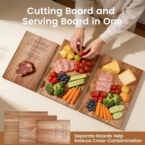Acacia Wood Cutting Board Set of 3 with Stand, Multi-Size Book-Style Wooden Chopping Boards for Kitchen Food Prep, Meat, Fruit, Cheese, Charcuterie and Serving - view 4